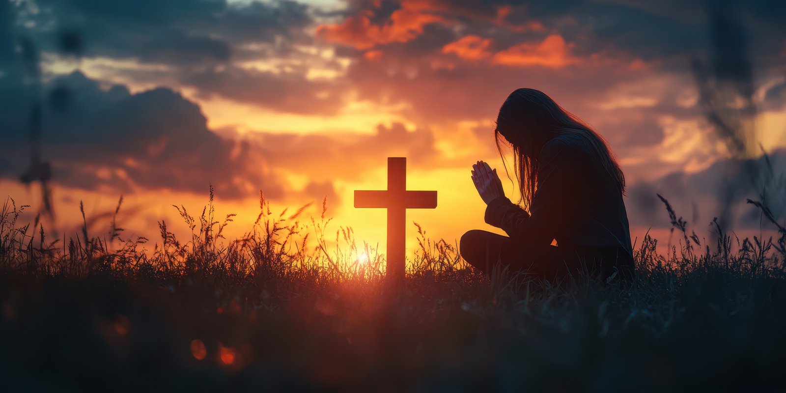 Silhouette of a person praying by a cross during a vibrant sunset in a serene landscape